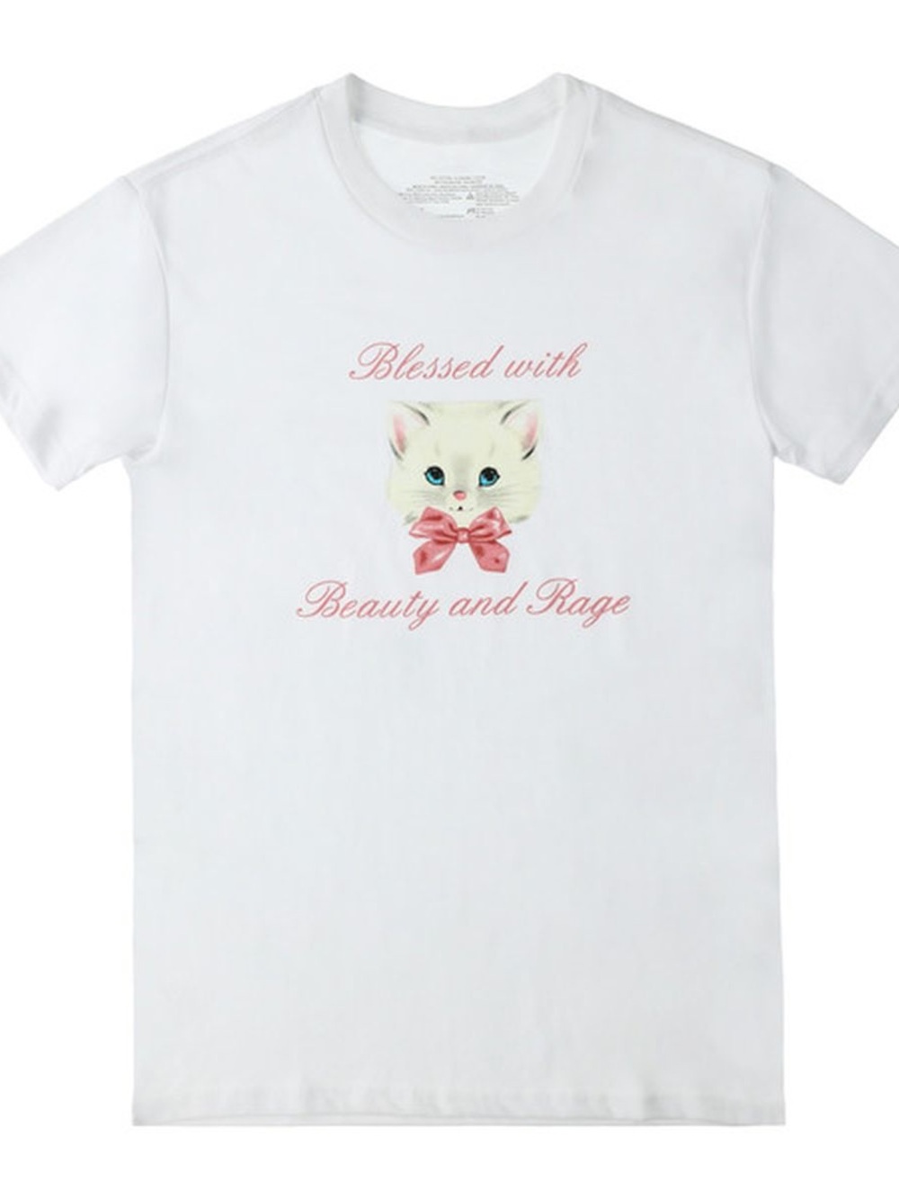 White Adult Small Tee with Pink Kitten Graphic - Blessed with Beauty and Rage